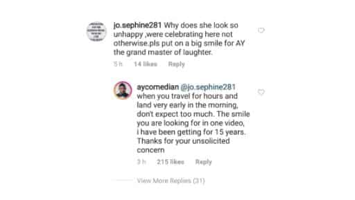 AY and wife, Mabel react after follower said she looked unhappy