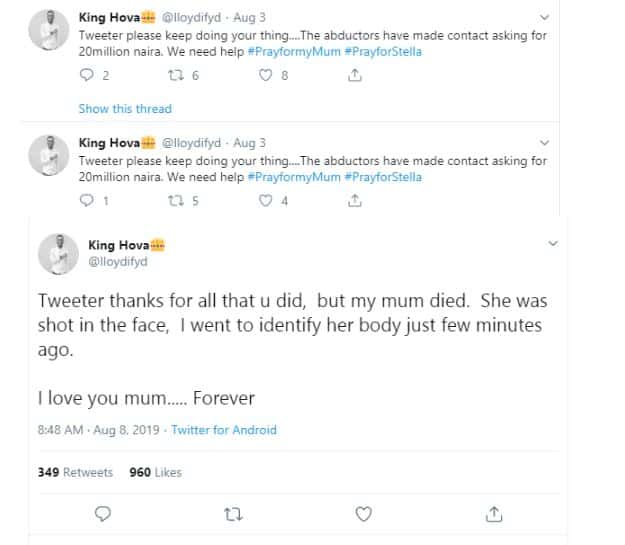 Heartbroken Nigerian man shares news of kidnapped mum's death