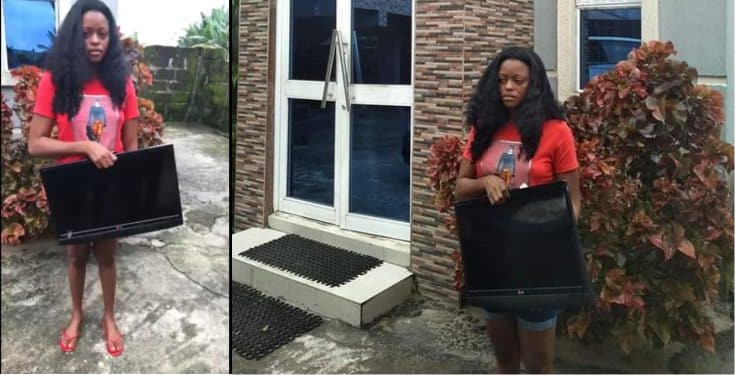 Lady nabbed after stealing a hotel's plasma TV in Delta (photos)