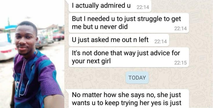 Man shares message an old crush sent to him after refusing his advances