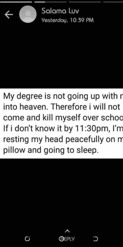 See Whatsapp status of ATBU Bauchi student moments before she died