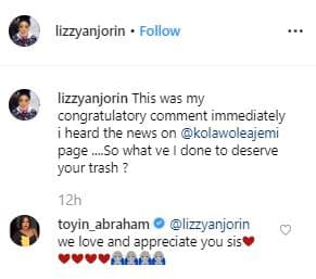 Toyin Abraham reacts after Lizzy Anjorin revealed why she didn't congratulate her