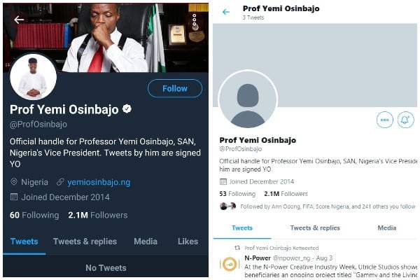 Twitter unverifies VP Yemi Osinbajo’s account, deletes 2,399 tweets