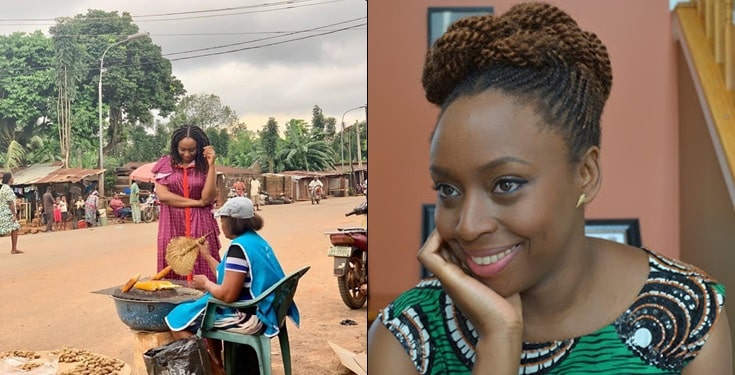 Chimamanda Adichie pictured buying corn by the roadside in Anambra state