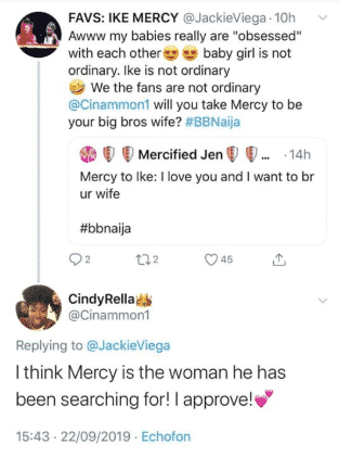 BBNaija 2019: Ike's sister approves his relationship with Mercy