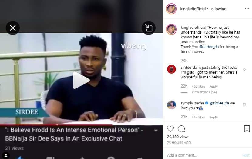 BBNaija Tacha’s boyfriend reacts as Sir Dee says meeting her is fire 