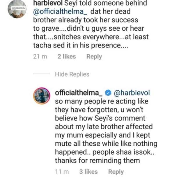 BBNaija: Thelma mocks Seyi, applauds Tacha for putting him in his rightful place