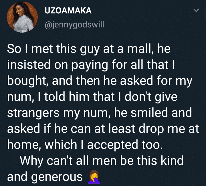 Lady shocked as random guy paid for her shopping and dropped her at home even after she refused to give him her number