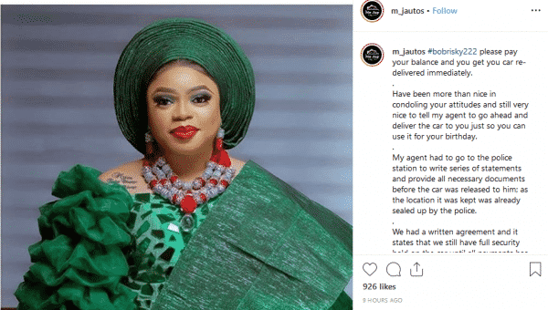 Lagos car dealer seizes Bobrisky car over unpaid balance 