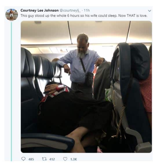 Man stands for 6 hours on flight so his wife can sleep