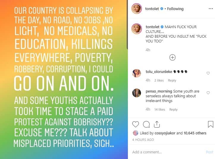 Tonto Dikeh reacts after youths protest against Bobrisky’s lifestyle 