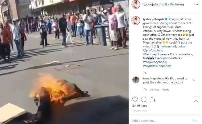 #Xenophobia: Iyabo Ojo reacts to video of South Africans burning a Nigerian alive