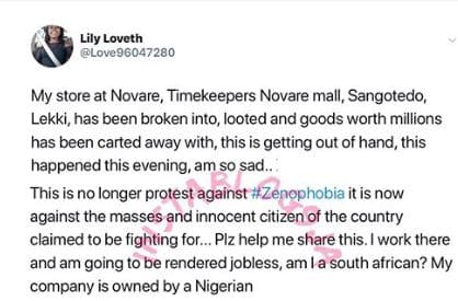 Xenophobia: Lady rendered jobless after Shoprite wing was looted In Lagos