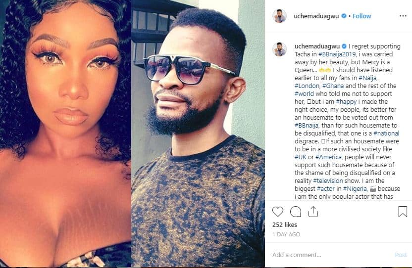 BBNaija: Actor Uche Maduagwu says he regrets supporting Tacha