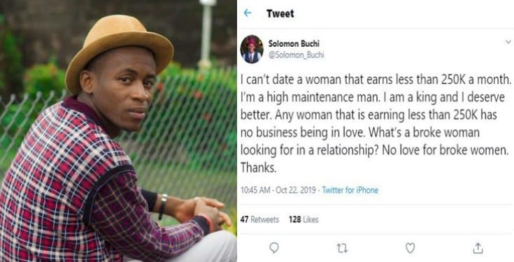 'I can't date a woman who earns less than ₦250,000 monthly' - Nigerian man, says