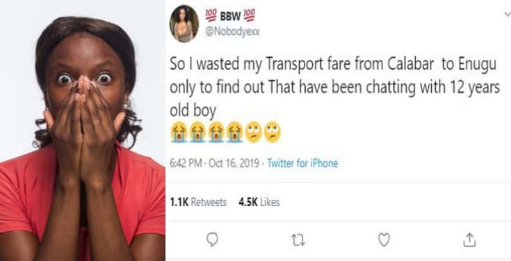 Lady recounts how she left Calabar for Enugu to find out she's been chatting with 12-year-old boy