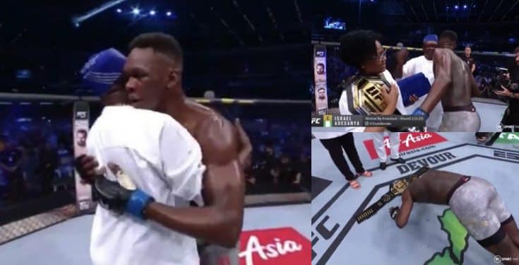 Moment Isreal Adesanya Prostrated And Presented His Belt To His Parents (Photos)