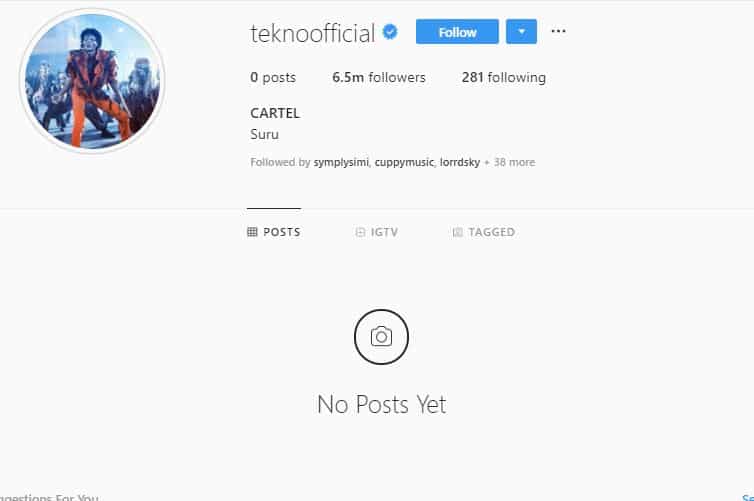 Tekno deletes all Instagram posts, leaves disturbing message