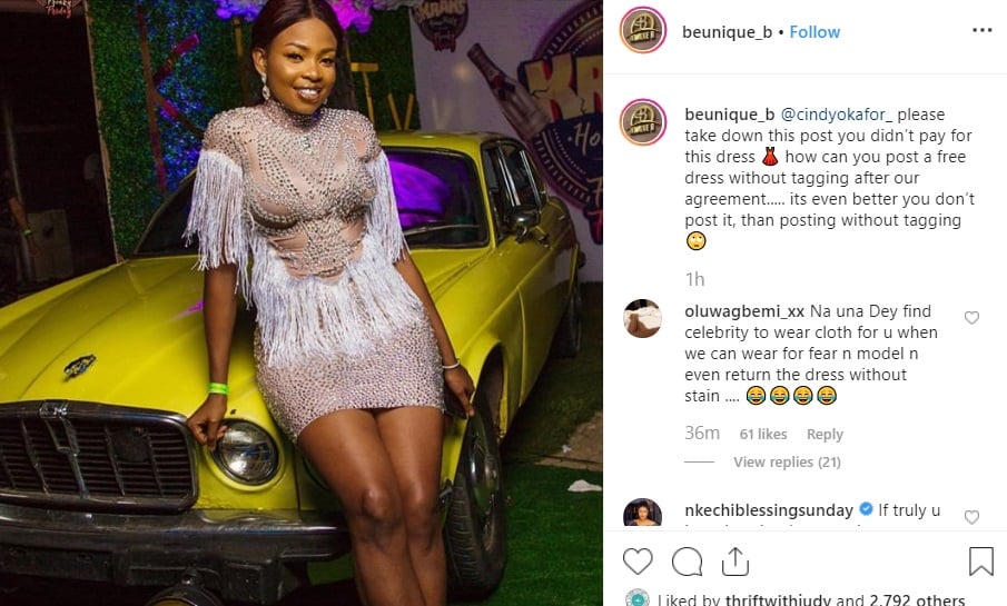 Ex-BBNaija housemate Cindy Okafor called out for posing in free dress without giving credit