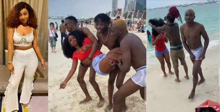 Esther engaging In 'Rough Play' with guys at Dubai beach (Photos)