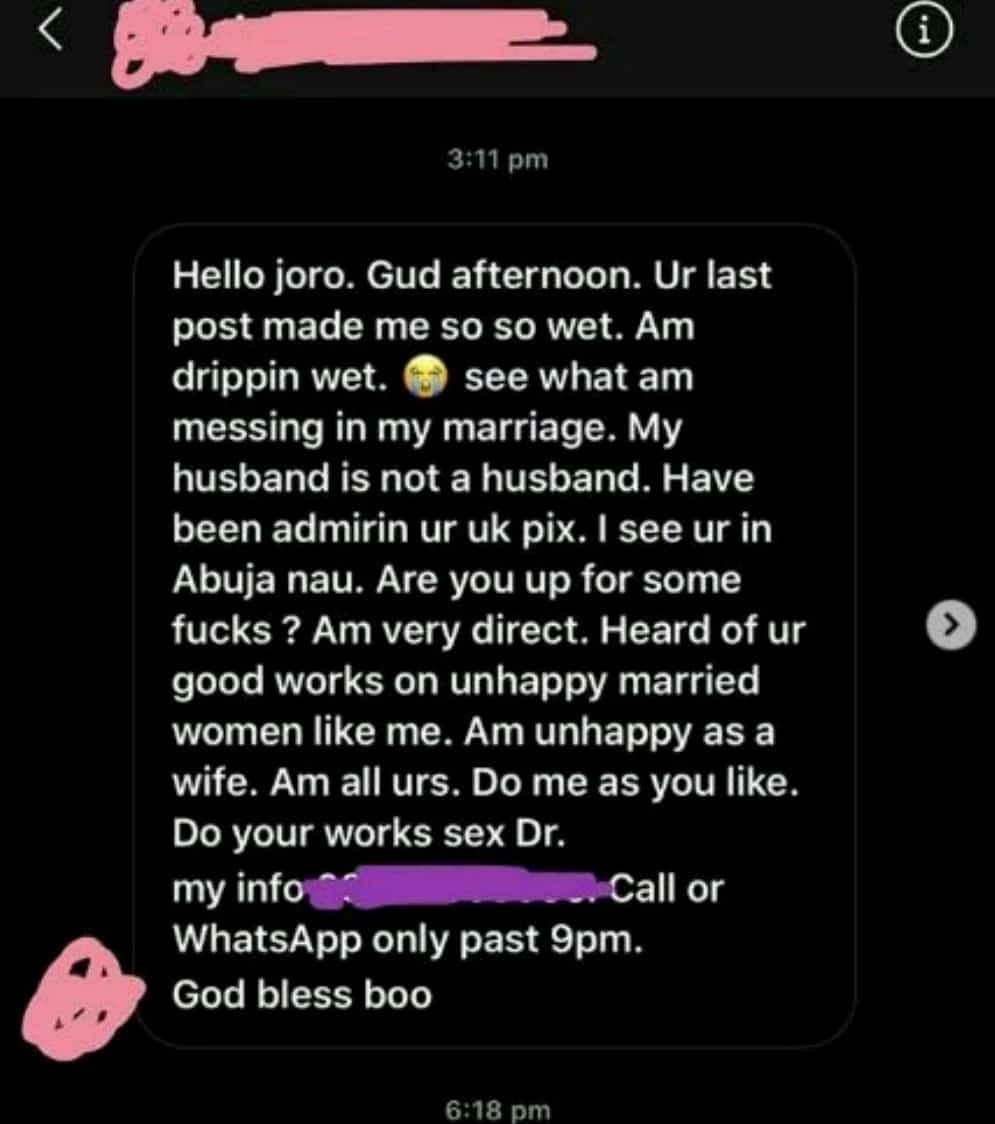 Joro Olomofin leaks chats of married women who offered him free