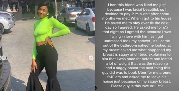 Lady narrates how a man kicked her out of his house over saggy boobs