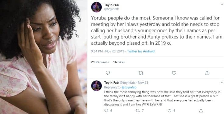 Lady warned by her in-laws to stop calling her husband's younger ones by their names