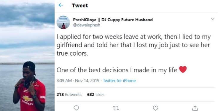 Man recounts how he lied to his girlfriend that he lost his job to see her true color