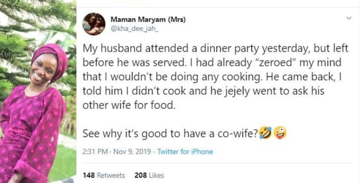 Woman shares the benefit of of her husband having another wife