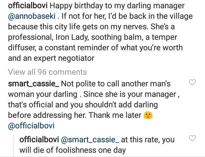 Bovi Blasts Fan For Criticizing Birthday Message To His Manager On Instagram