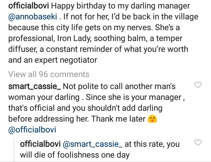 Bovi Blasts Fan For Criticizing Birthday Message To His Manager On Instagram  