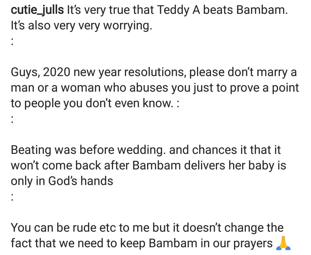 “We need to keep Bam Bam in our prayers”- Lady accuses Teddy A of beating Bam Bam
