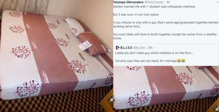 'Ladies pls don't date guy which mattress is on the floor' - Nigerian lady advises