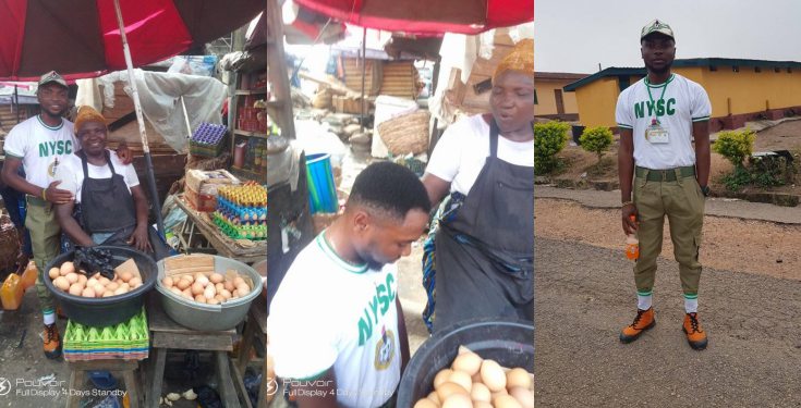 NYSC corper shows off his mother who sold eggs to see him through university (Photos)