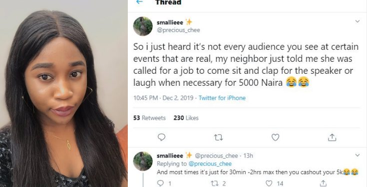 Nigerians react as Lady talks about job that pays people for attending events and clapping