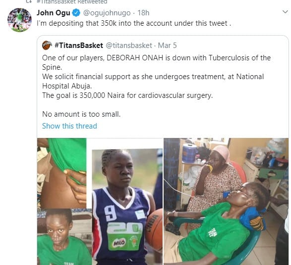 Super Eagles player John Ogu pays $1000 for treatment of Nigerian basketball player Debora Onah