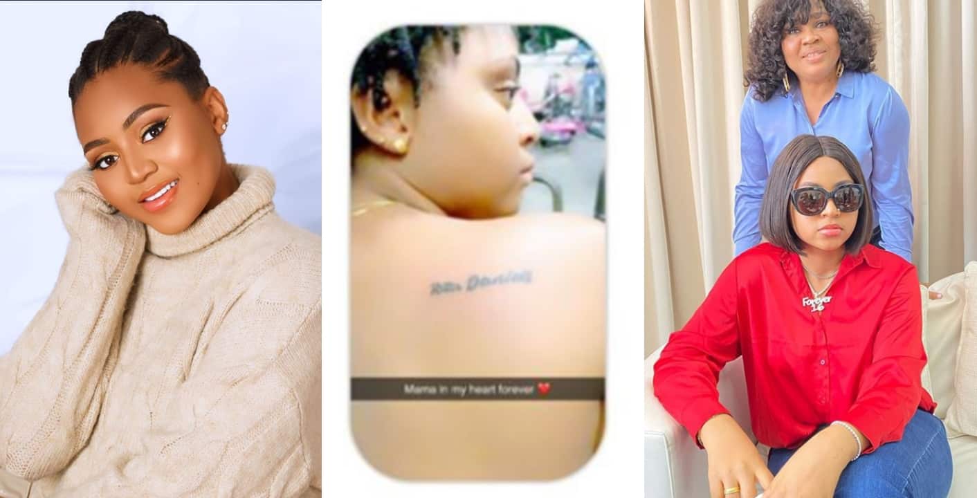 Regina Daniels honours her mum by tattooing her name on her back