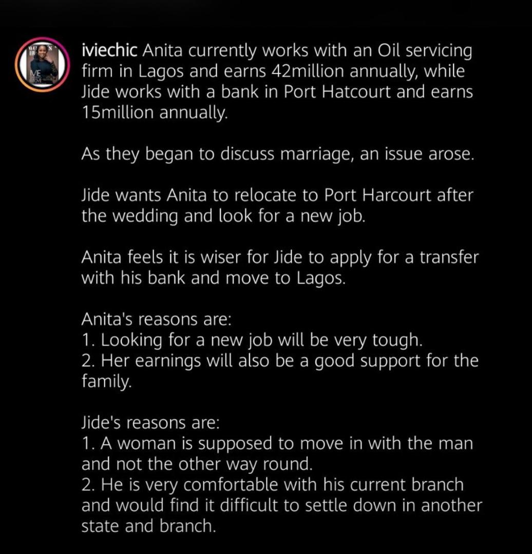 Boyfriend who earns ₦15m asks his ₦42m earning girlfriend to quit her job and relocate
