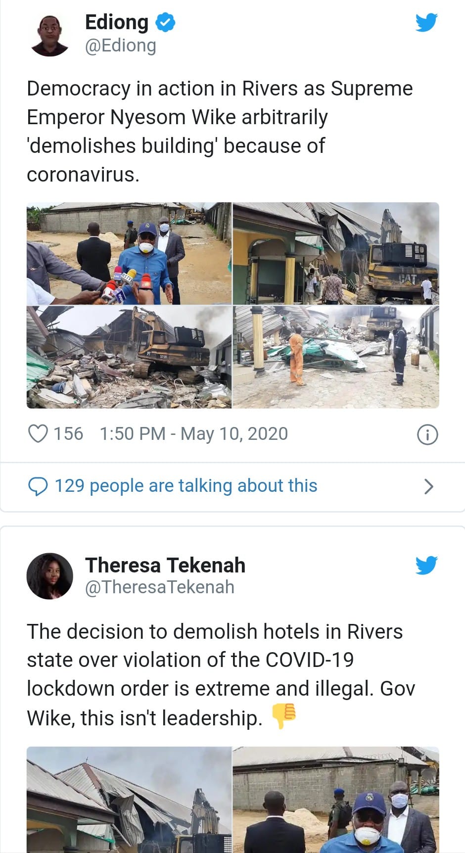 Wike demolishes two hotels over lockdown violation (Photos)
