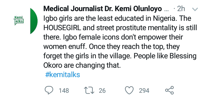 Kemi Olunloyo says Igbo girls are the least educated in Nigeria