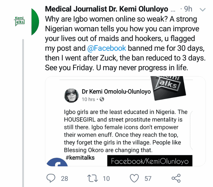 Kemi Olunloyo earns Facebook ban as Igbos drag her for calling their women least educated