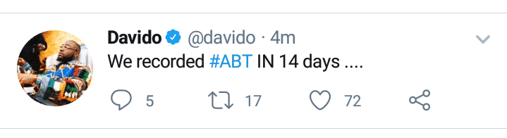 Davido reveals that recording of ABT Album is now complete