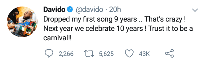 Davido clocks 9 years in the music industry