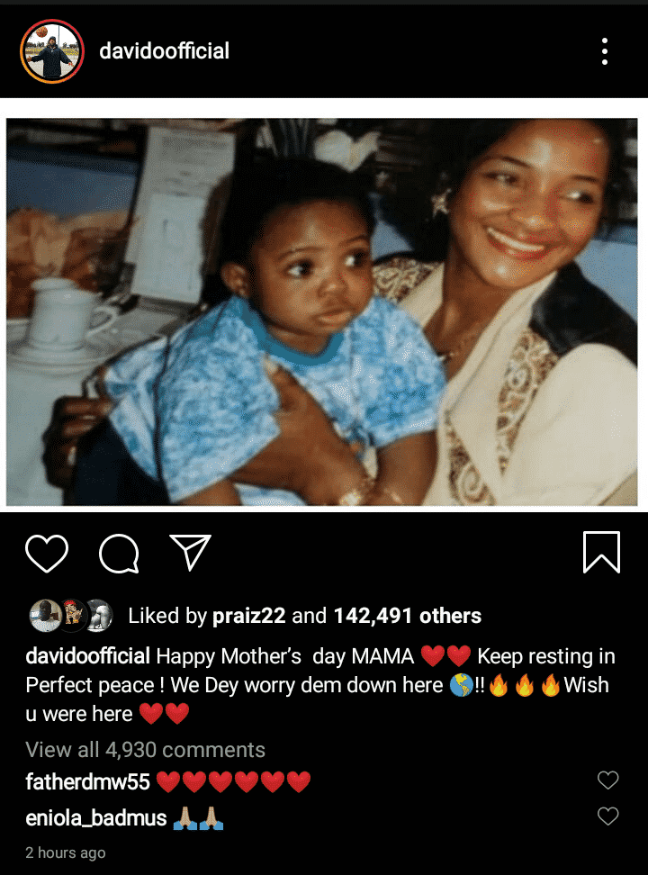 Davido celebrates late mum on Mothers' Day