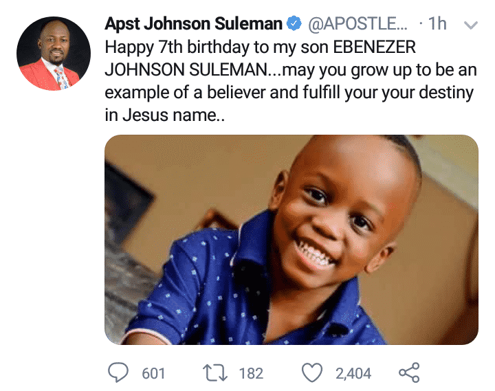 Apostle Johnson Suleman celebrates son on his 7th birthday