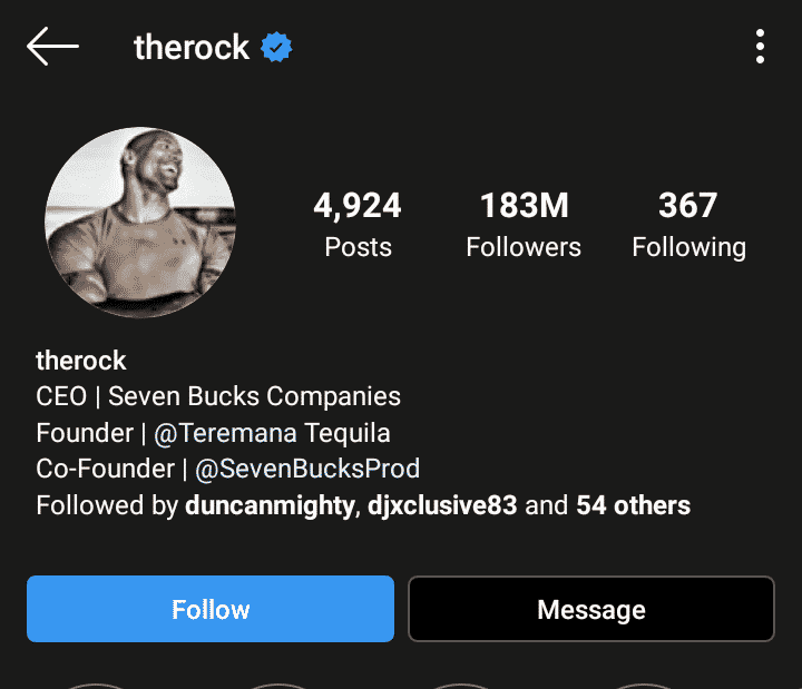 Evidence that The Rock has 183 million followers on Instagram