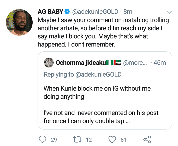 Adekunle Gold gives hilarious reason why he blocked a fan on Instagram