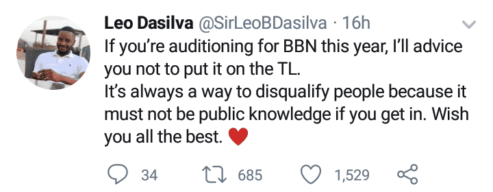 Leo Dasilva reveals important secrete for #BBNaija 2020 auditions