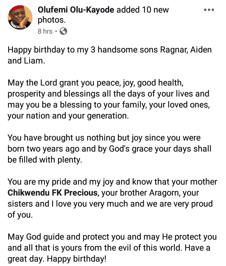 Femi Kayode's wife and triplet sons celebrate birthday