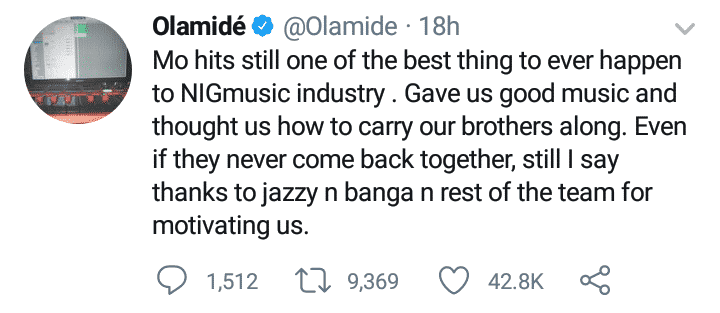 Olamide thanks Mo Hits